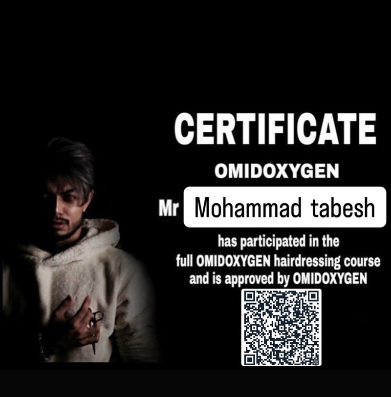 مدرک آرایشگری آقای محمد تابش